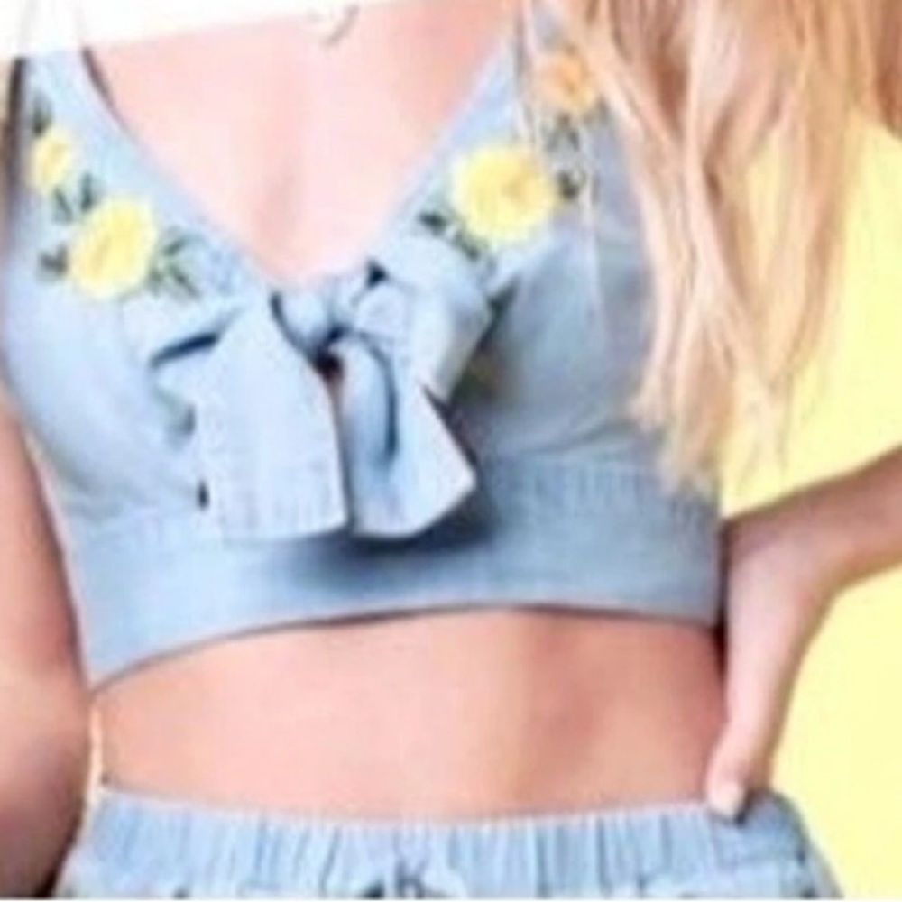 Lottie Moss Floral Embroidered Denim Crop Top Size Medium